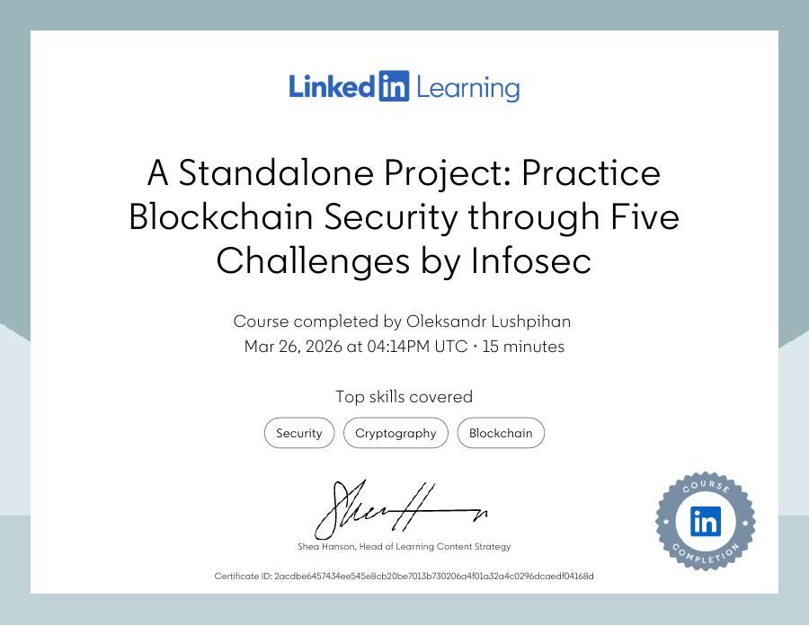 A Standalone Project Practice Blockchain Security through Five Challenges by Infosec certificate preview