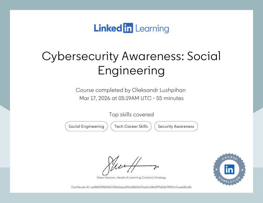 Cybersecurity Awareness Social Engineering certificate preview