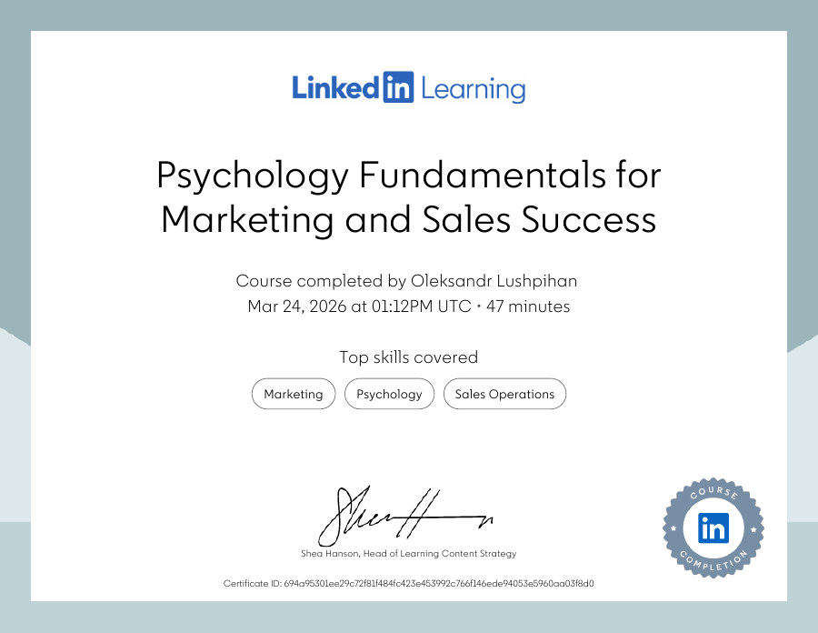 Psychology Fundamentals for Marketing and Sales Success certificate preview